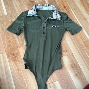 Ribbed Olive Green Polo Bodysuit with Plaid Trim